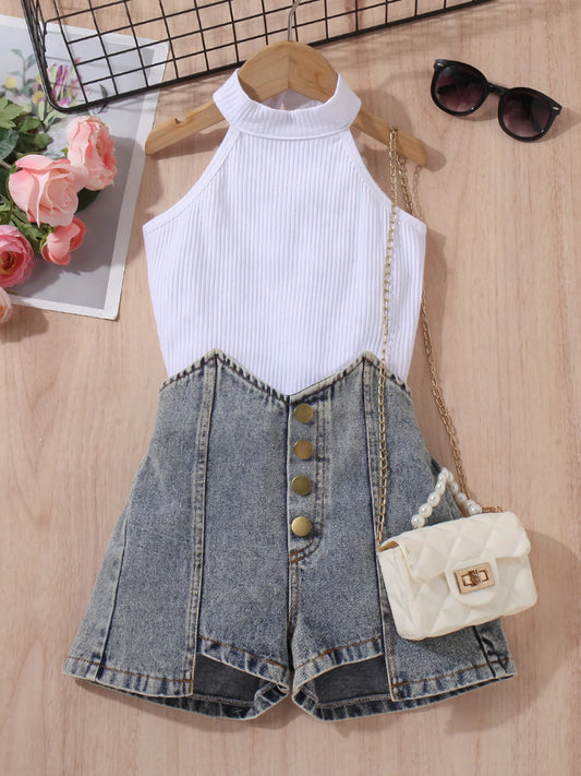 Toddler Girls Tank Top And Faux Denim Short Set Outfit