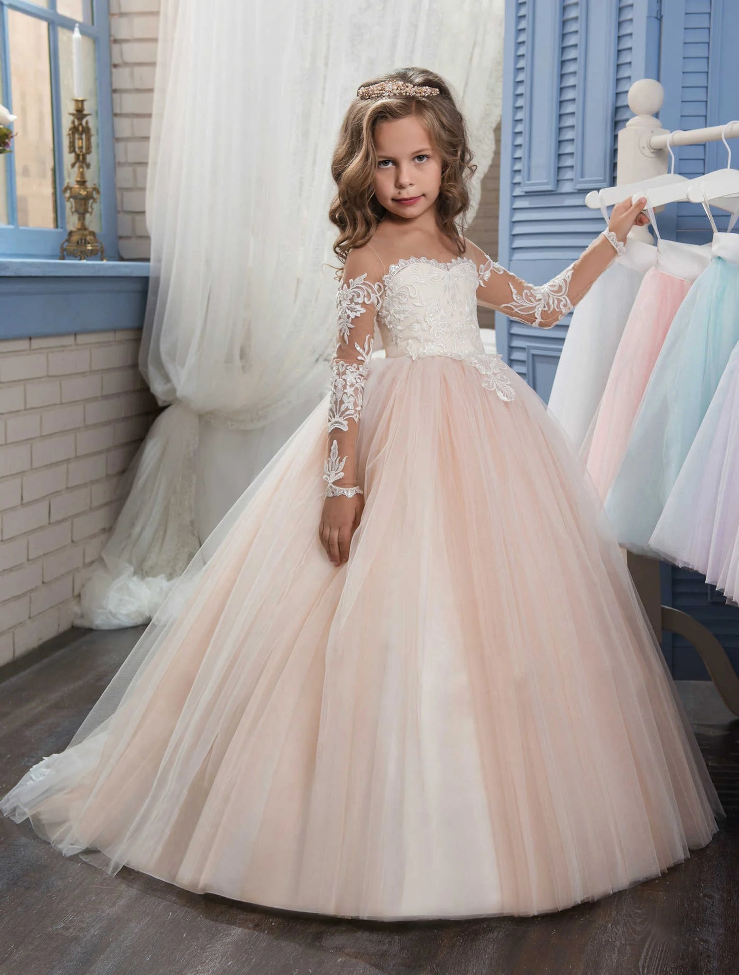 Abaowedding Lace Embroidered Sheer Long Sleeves Kids Gowns