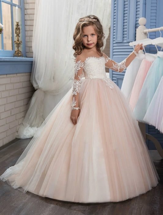 Abaowedding Lace Embroidered Sheer Long Sleeves Kids Gowns
