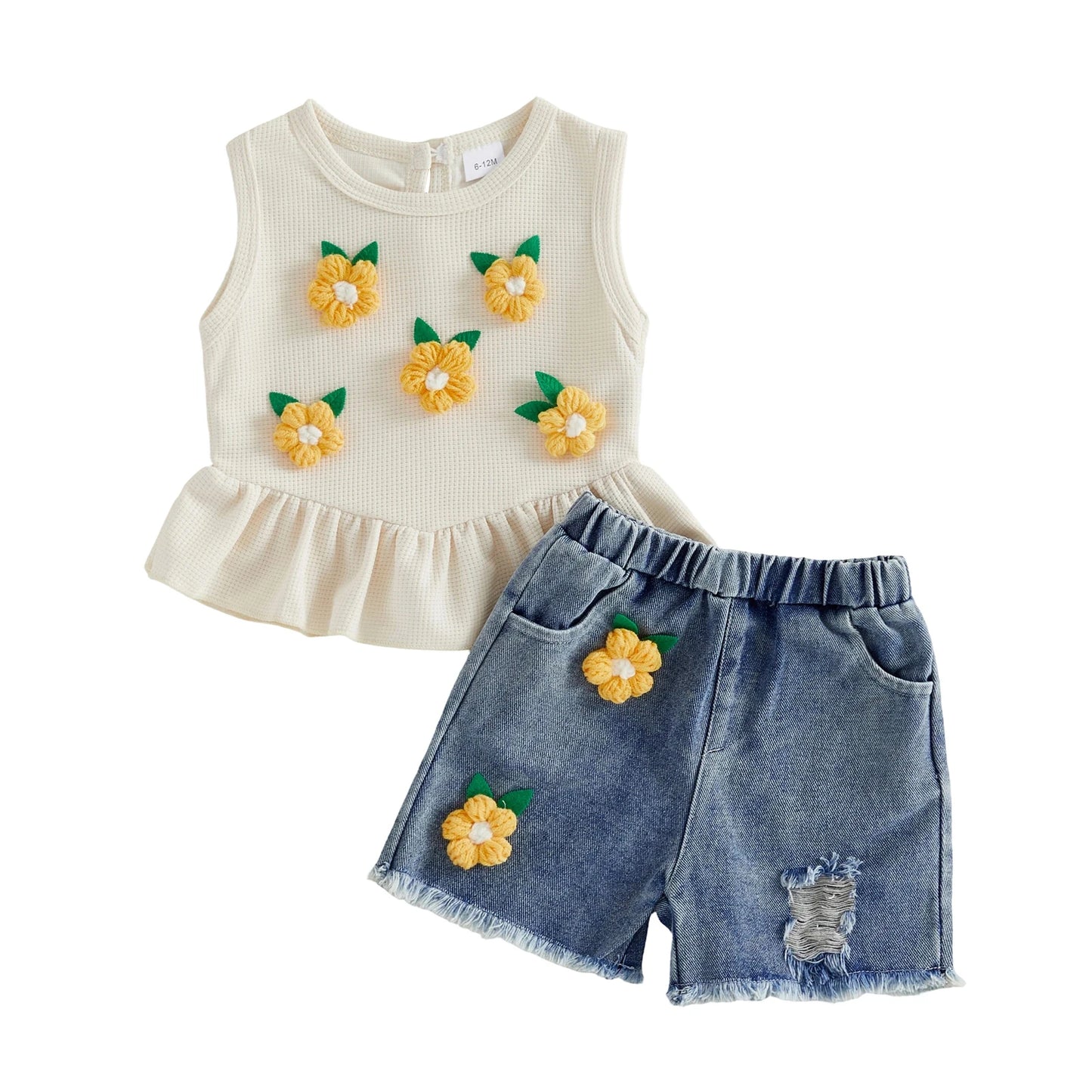 Toddler Girls Floral Embroidered Tank Top And Ruffled Denim Shorts Set