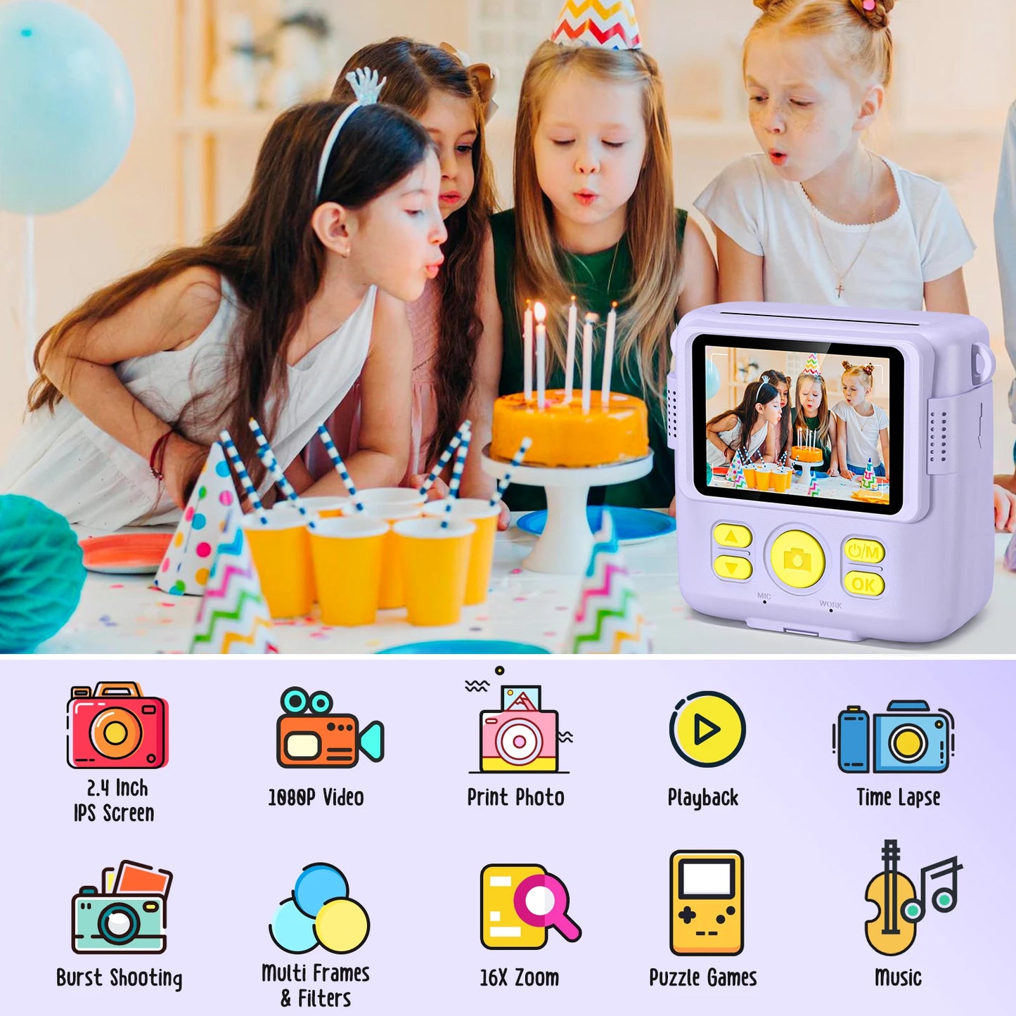 DIAMOOKYCN Kids Digital Camera 1080P HD Instant Print Gift