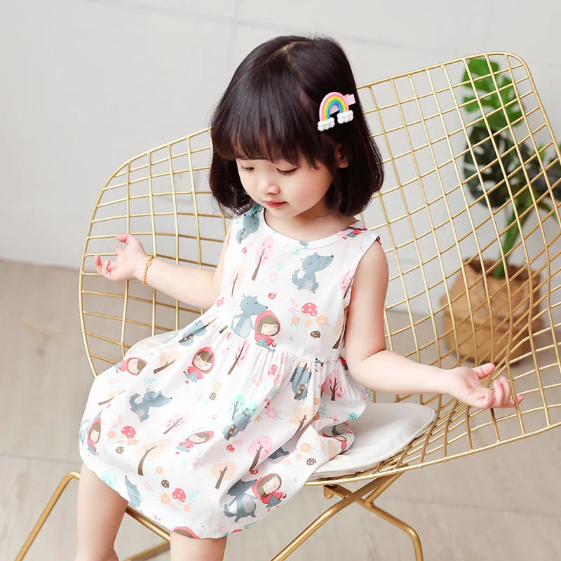 Girls Floral Cotton Sleeveless Knee Length Princess Dress Outfit