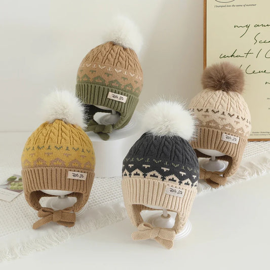Winter Knitted Headwear for Children UltraSoft Hypoallergenic Pompom EarProtection