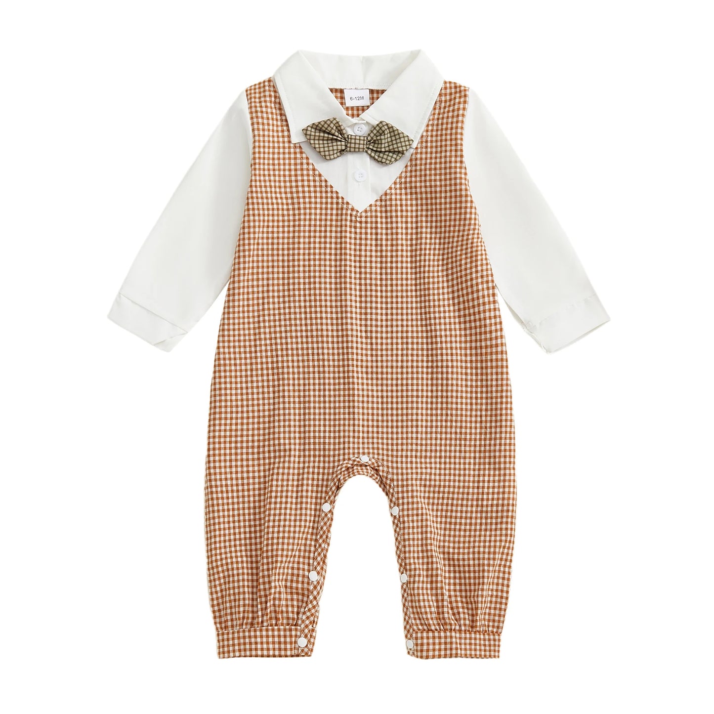 Cotton Plaid Print Unisex Baby Romper With Long Sleeve Turn Down Collar
