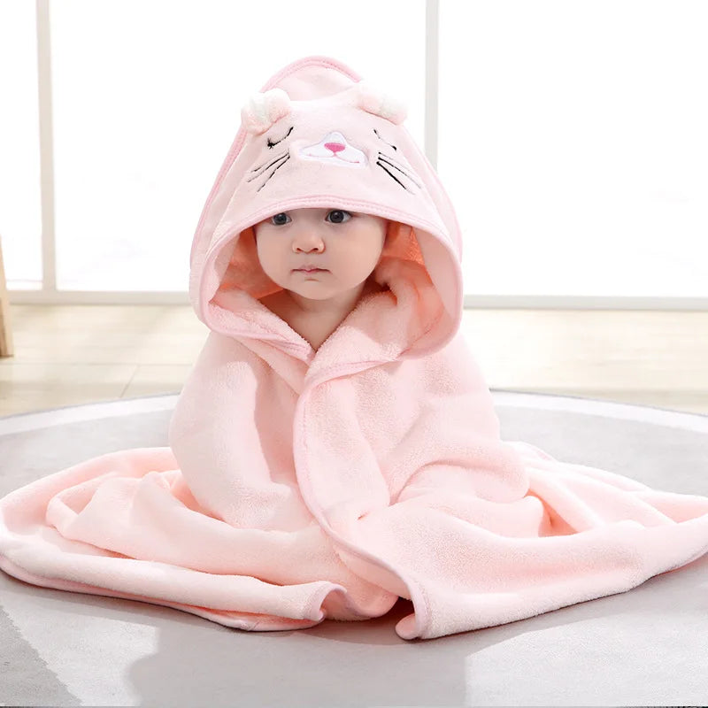 NONECN Baby Hooded Bathrobe Cartoon Coral Fleece Towel Blanket