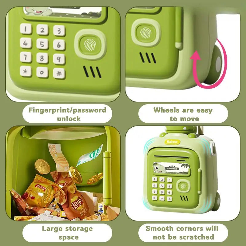 【 US Special price 】Green Fingerprint ATM Copper Bank with Music - automatic rolling pin box, perfect gift for boys and girls an