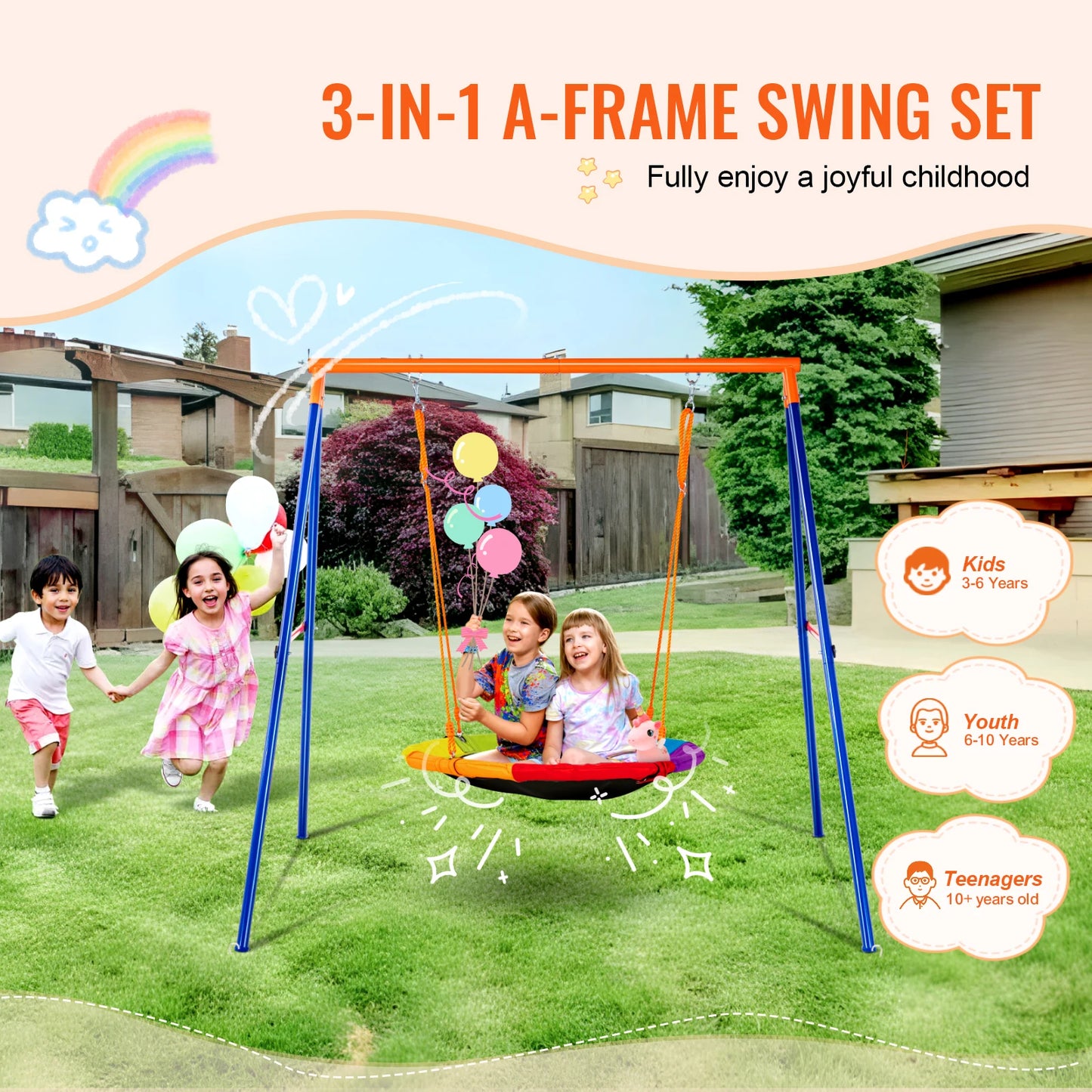 SucceBuy Backyard Swing Set 600 Lbs Saucer Belt Swings