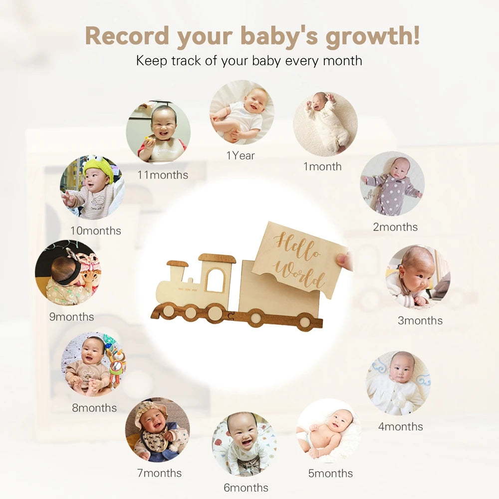 Lets Make Wooden Baby Milestone Card Cartoon Train Growth Record 0 to 12 Months