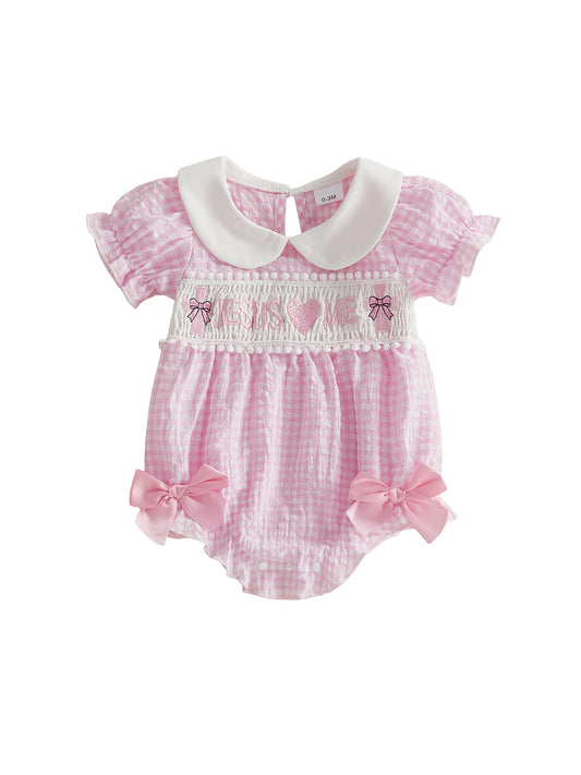 NONECN Baby Girls Summer Romper With Heart Embroidery Plaid Design