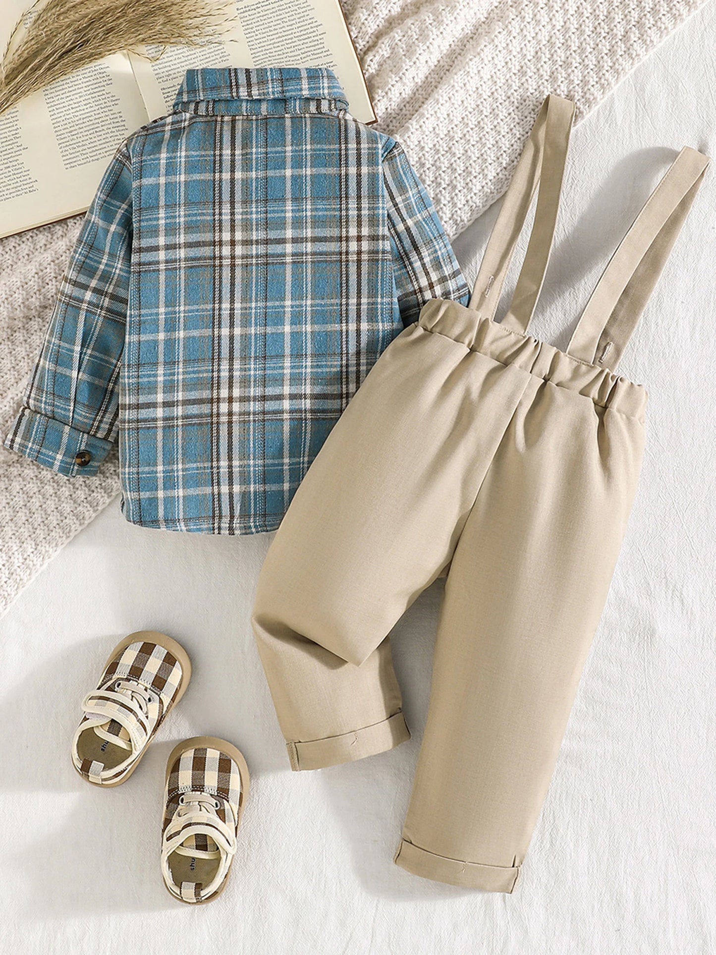 Baby Boys Winter 3 Piece Outfit Set Hooded Sweatshirt Plaid Tops Overalls