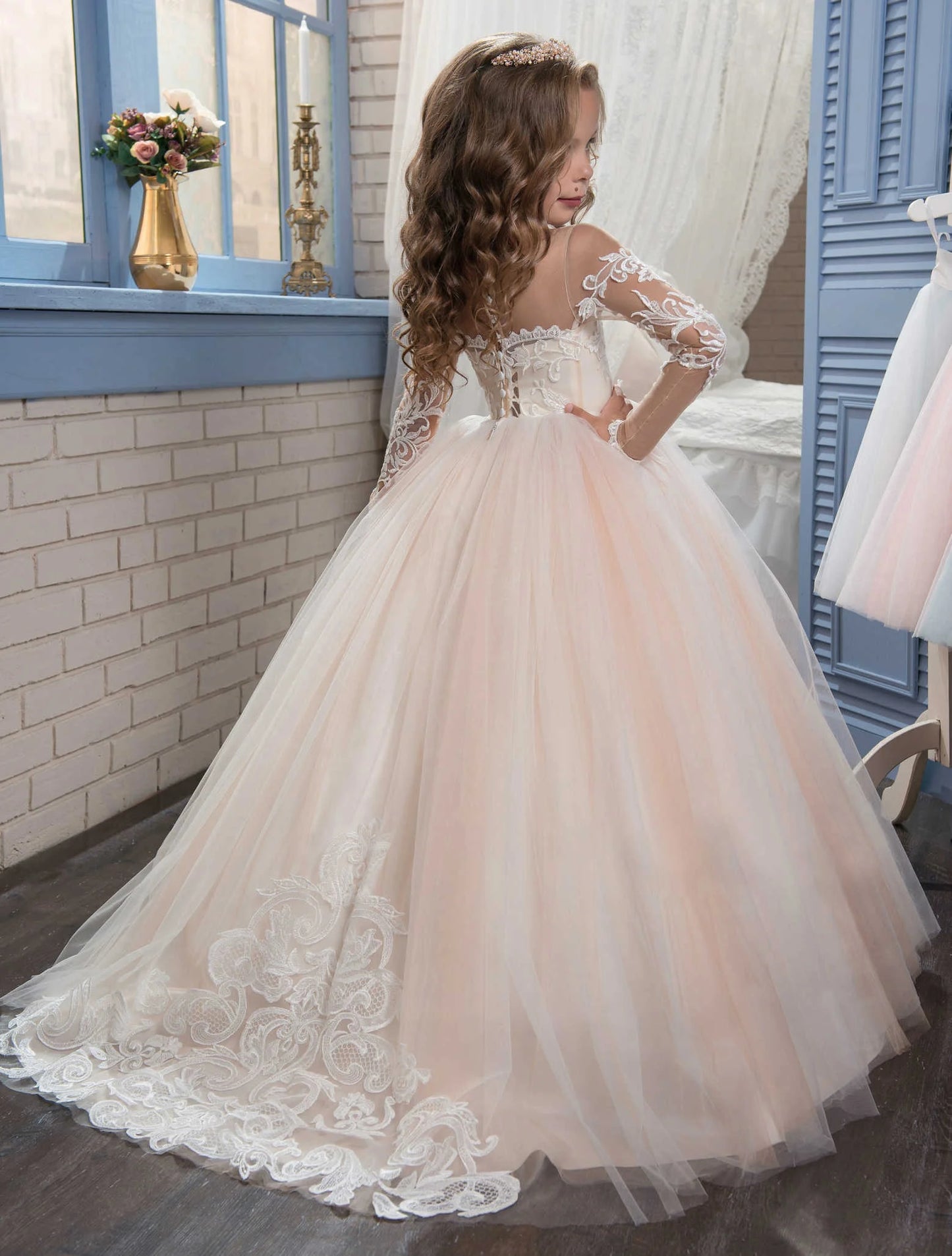 Abaowedding Lace Embroidered Sheer Long Sleeves Kids Gowns