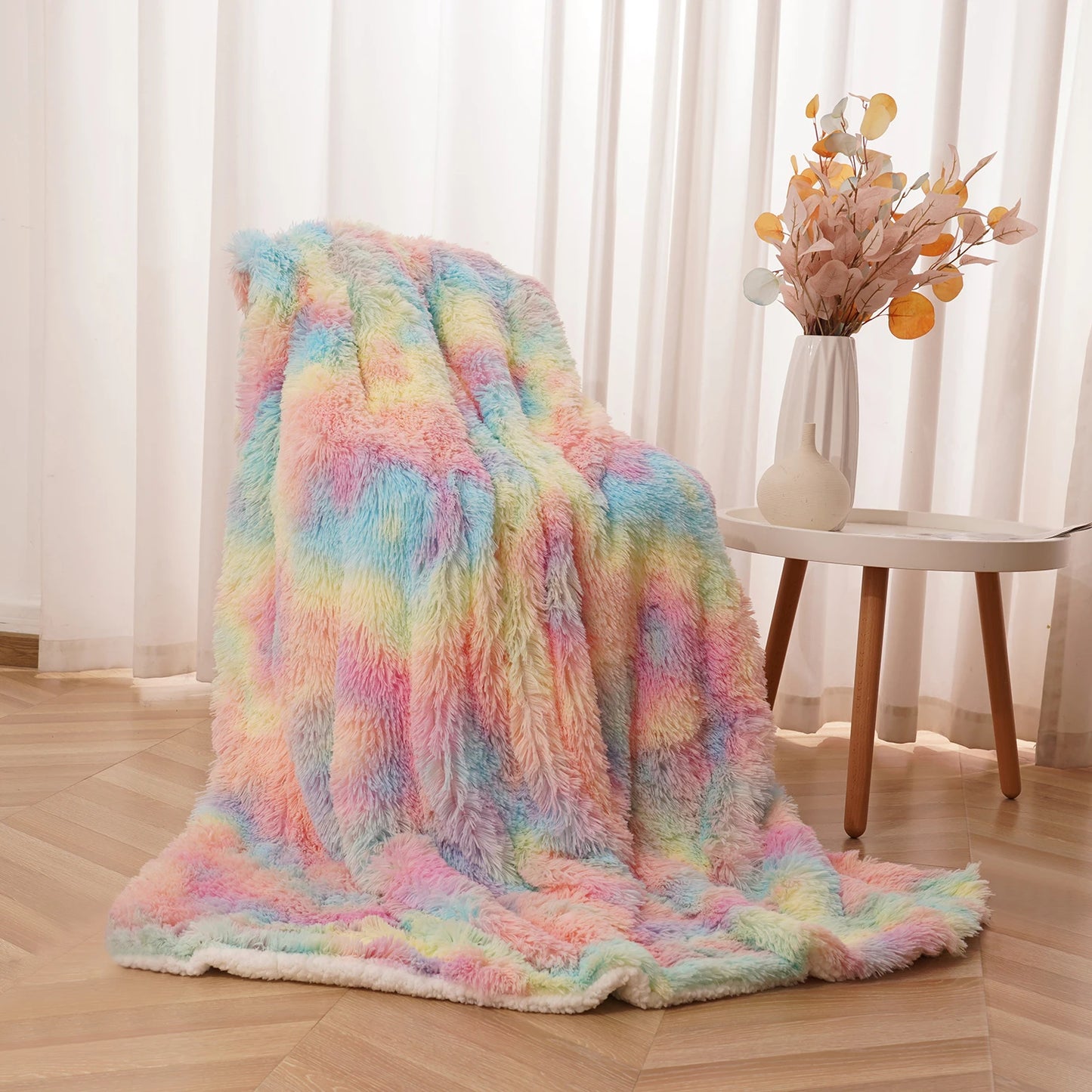 Soft Rainbow Fluffy Plush Blanket Bedspread For Home Decor