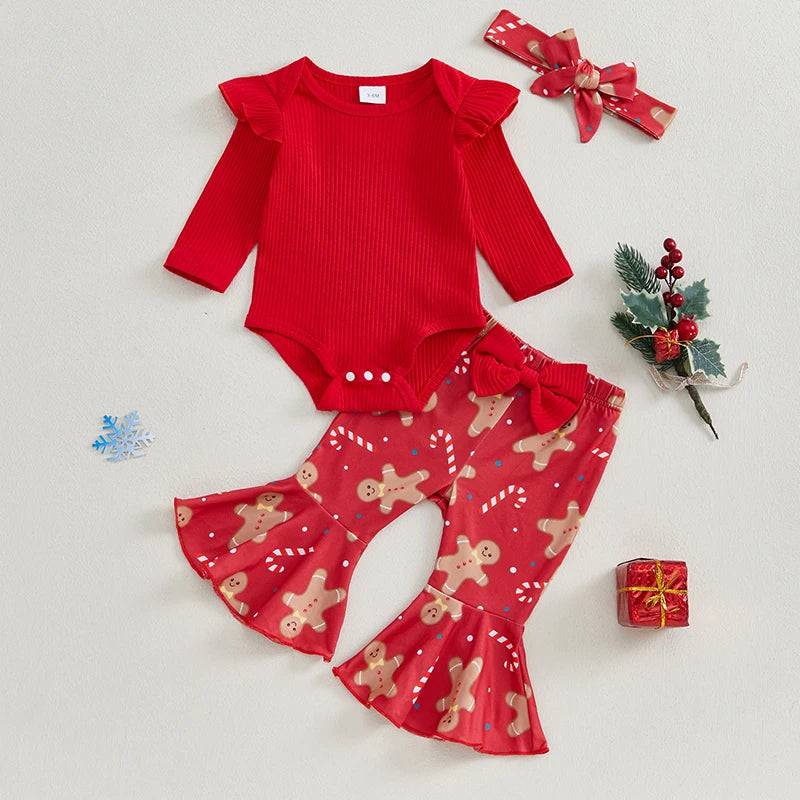 Pudcoco Baby Girl Christmas Romper Set Gingerbread Print