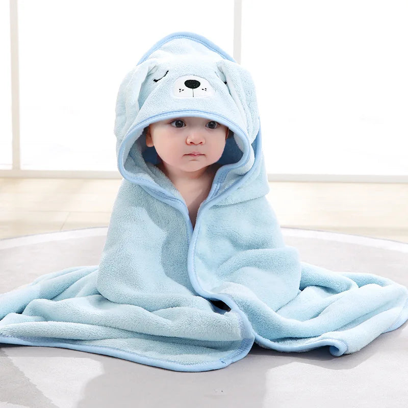 NONECN Baby Hooded Bathrobe Cartoon Coral Fleece Towel Blanket