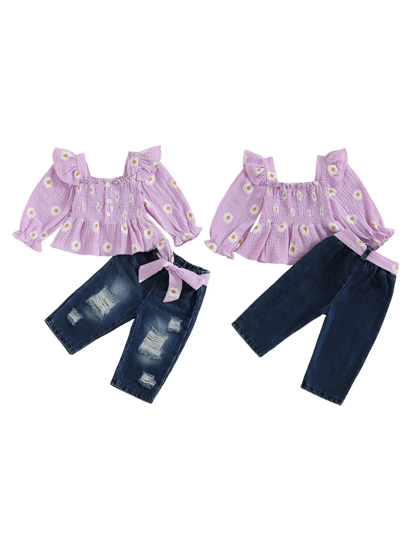 Girls Floral Print 2 Piece Outfit Set Denim Pants Collection