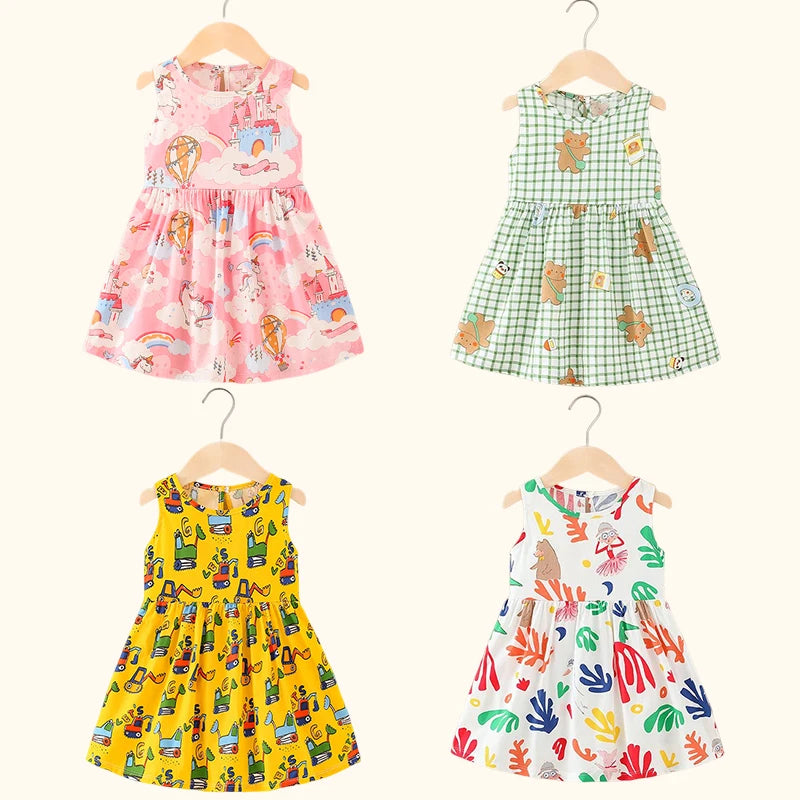 Girls Floral Cotton Sleeveless Knee Length Princess Dress Outfit
