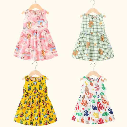 Girls Floral Cotton Sleeveless Knee Length Princess Dress Outfit