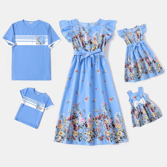 PATPAT Family Matching Floral Dresses And Striped T Shirts Set