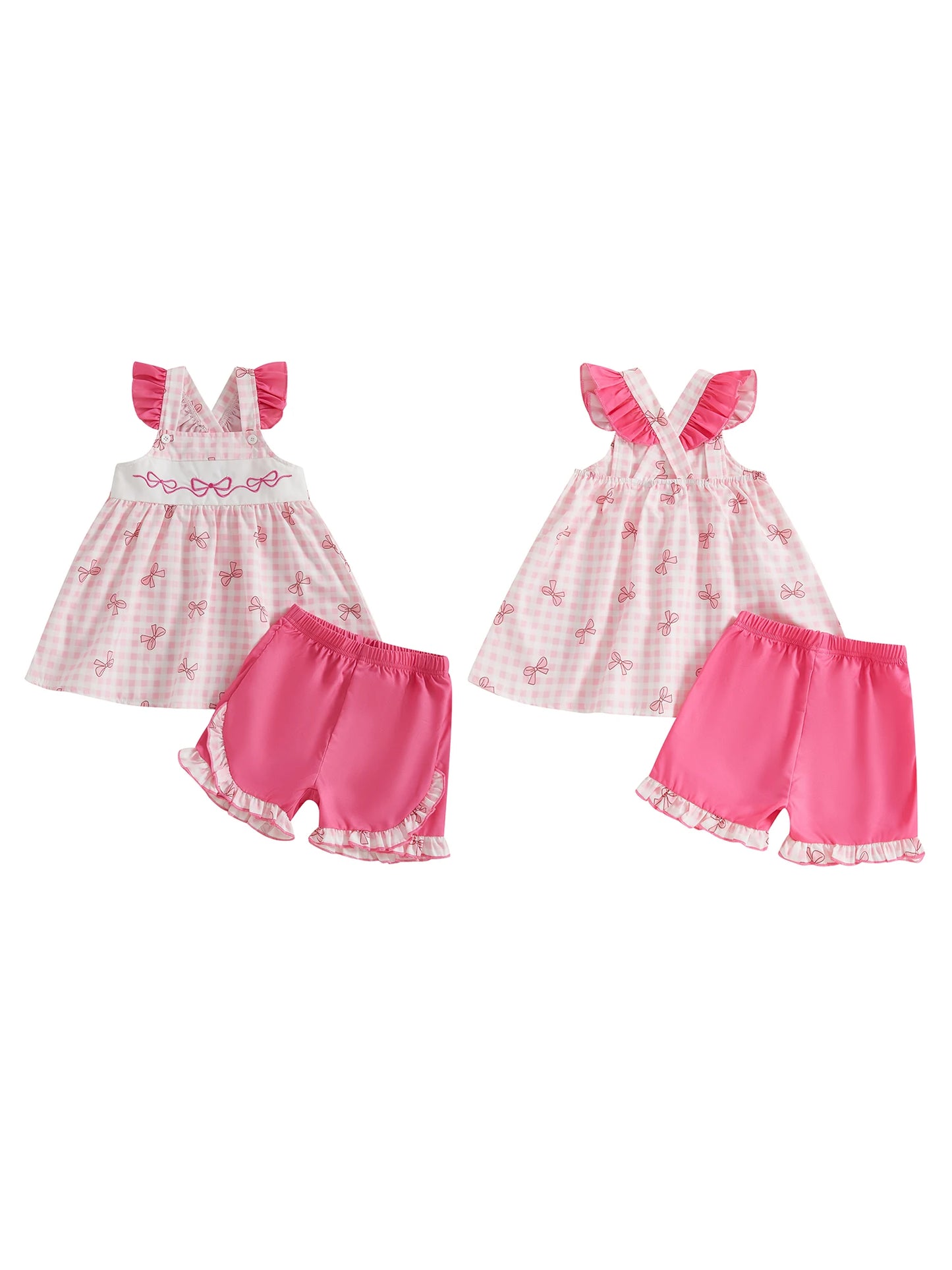Meihuida Toddler Bow Plaid Baseball Top With Ruffle Shorts Set