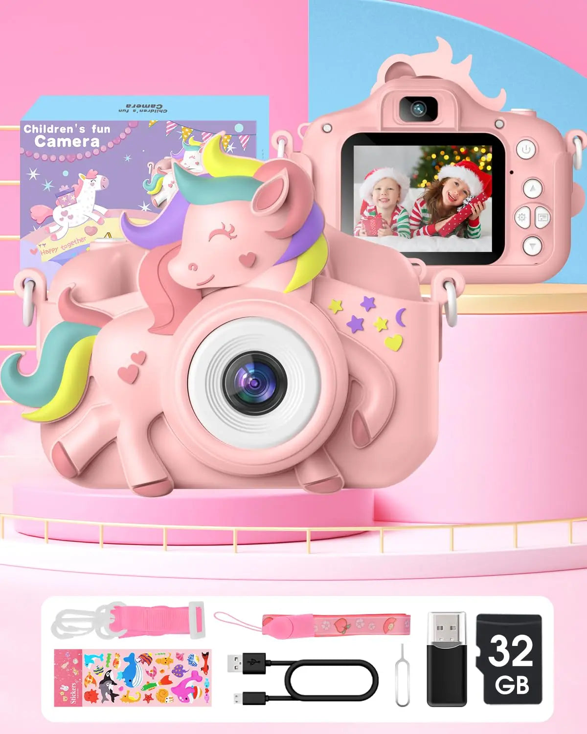 GofunlyCN Kids Camera 20MP 1080P Cartoon Selfie Toy With 32GB Card
