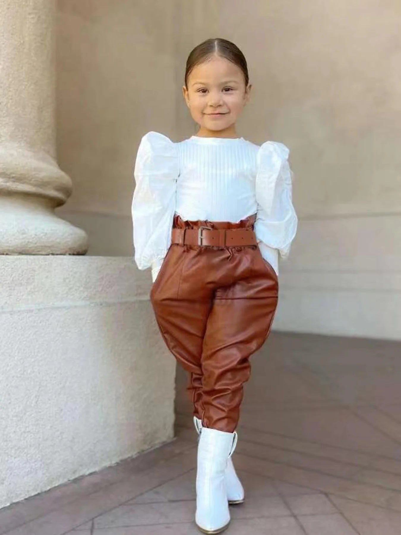 Girls Fall Winter Outfit Set With Ruffled Blouse Pants Boots