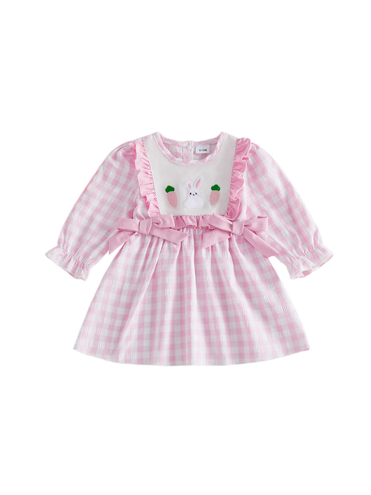 Toddler Girl Easter Dress With Plaid Bunny Embroidery Bow Detail