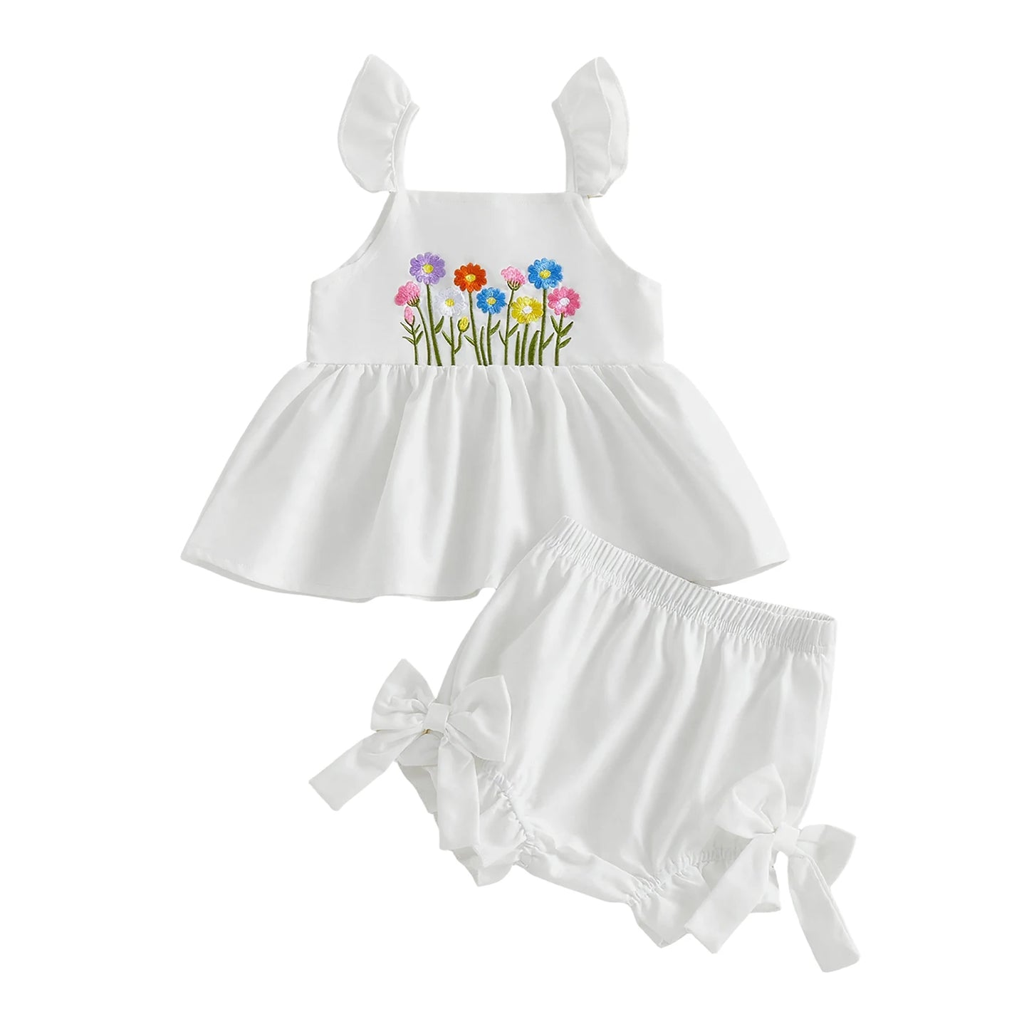 Toddler Girls Floral Embroidery Flutter Sleeves Top Shorts Set