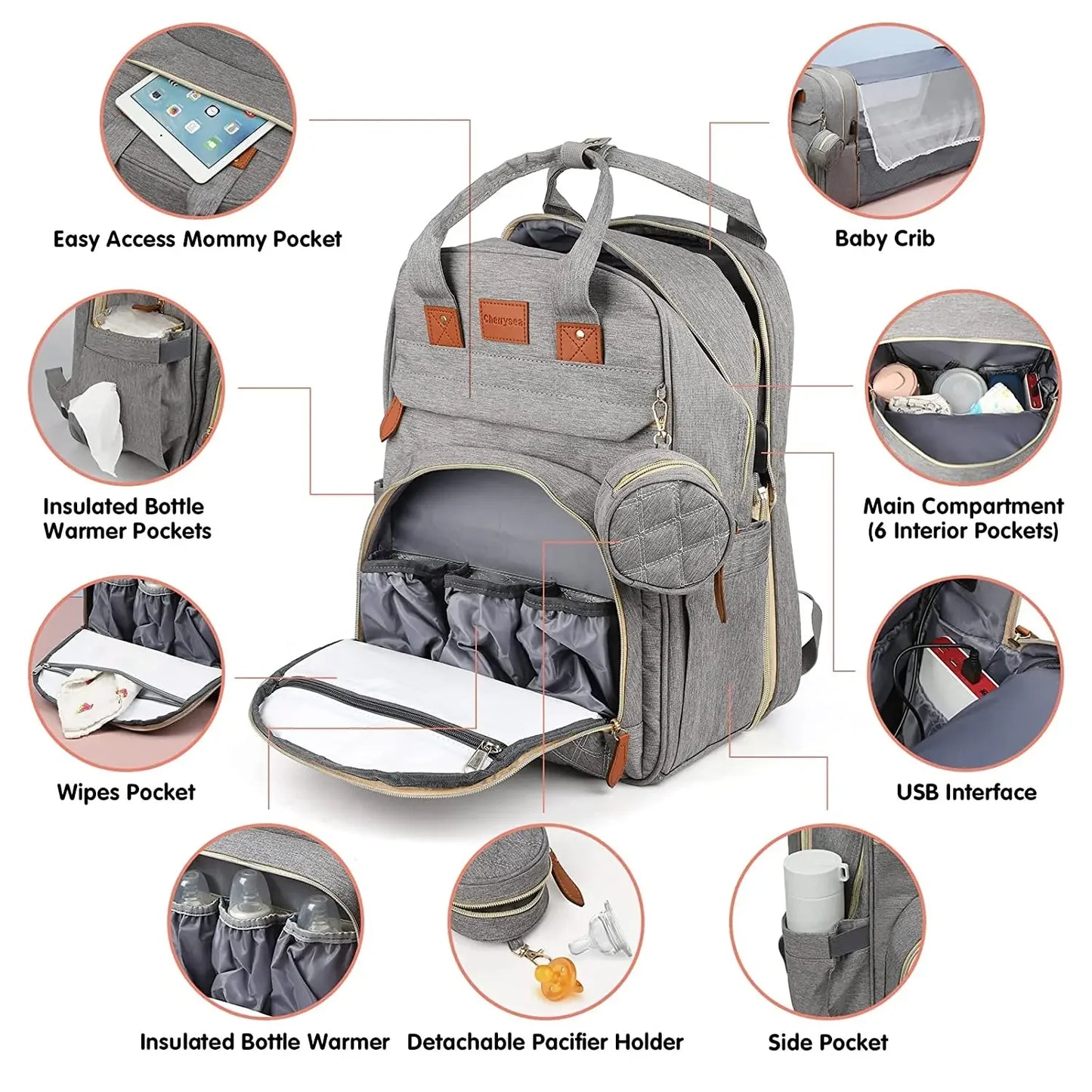 Diaper Bag Backpack Foldable Baby Bed Waterproof With USB Charge