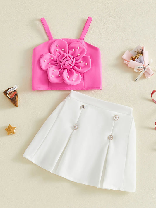 Summer Fashion Set Pearl Embellished Floral Camisole And Skirt