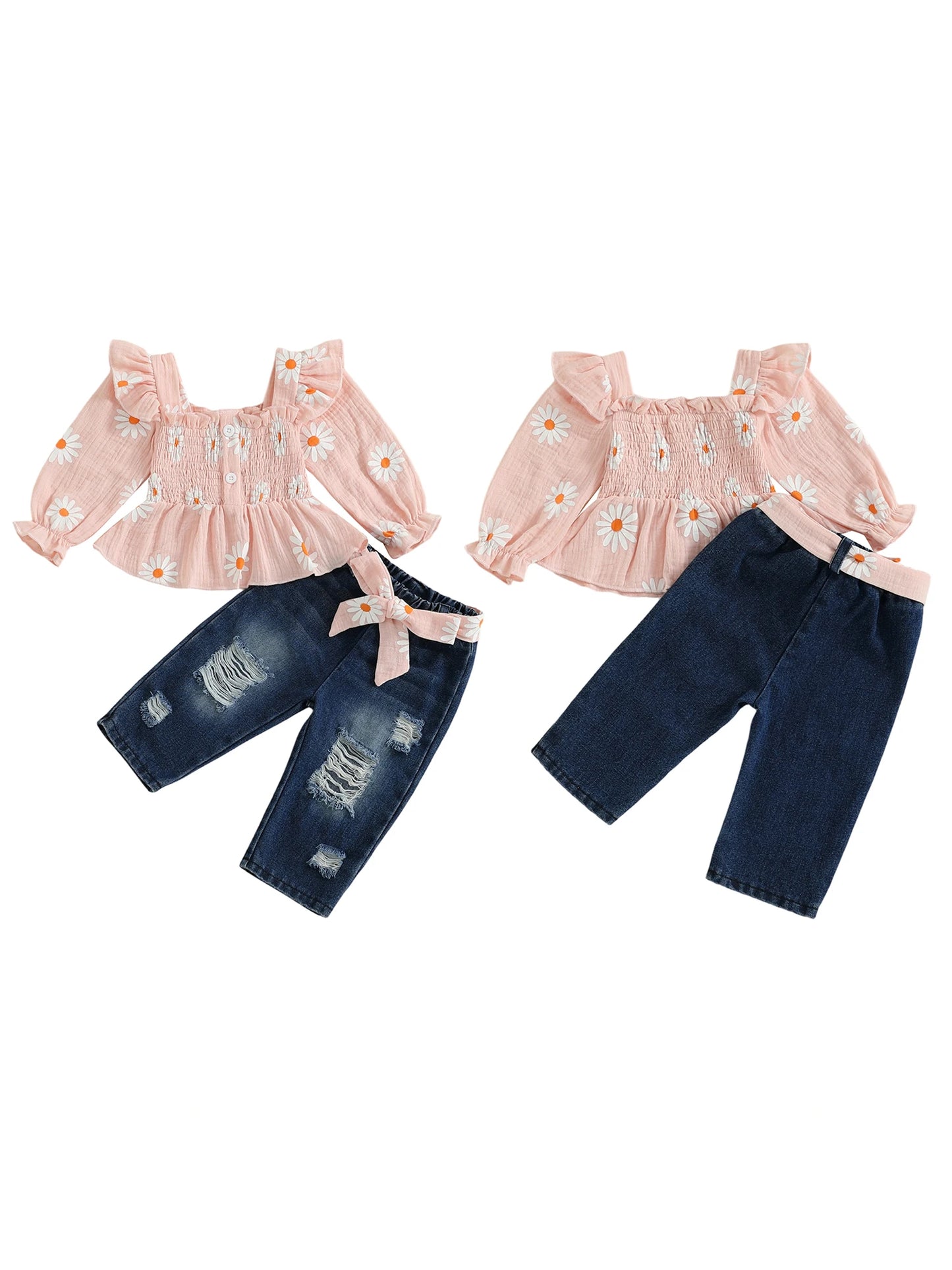 Girls Floral Print 2 Piece Outfit Set Denim Pants Collection