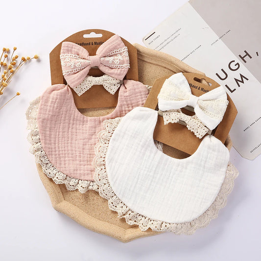 Muslin Bamboo Baby Bib Set With Tassel Lace Burp Cloth