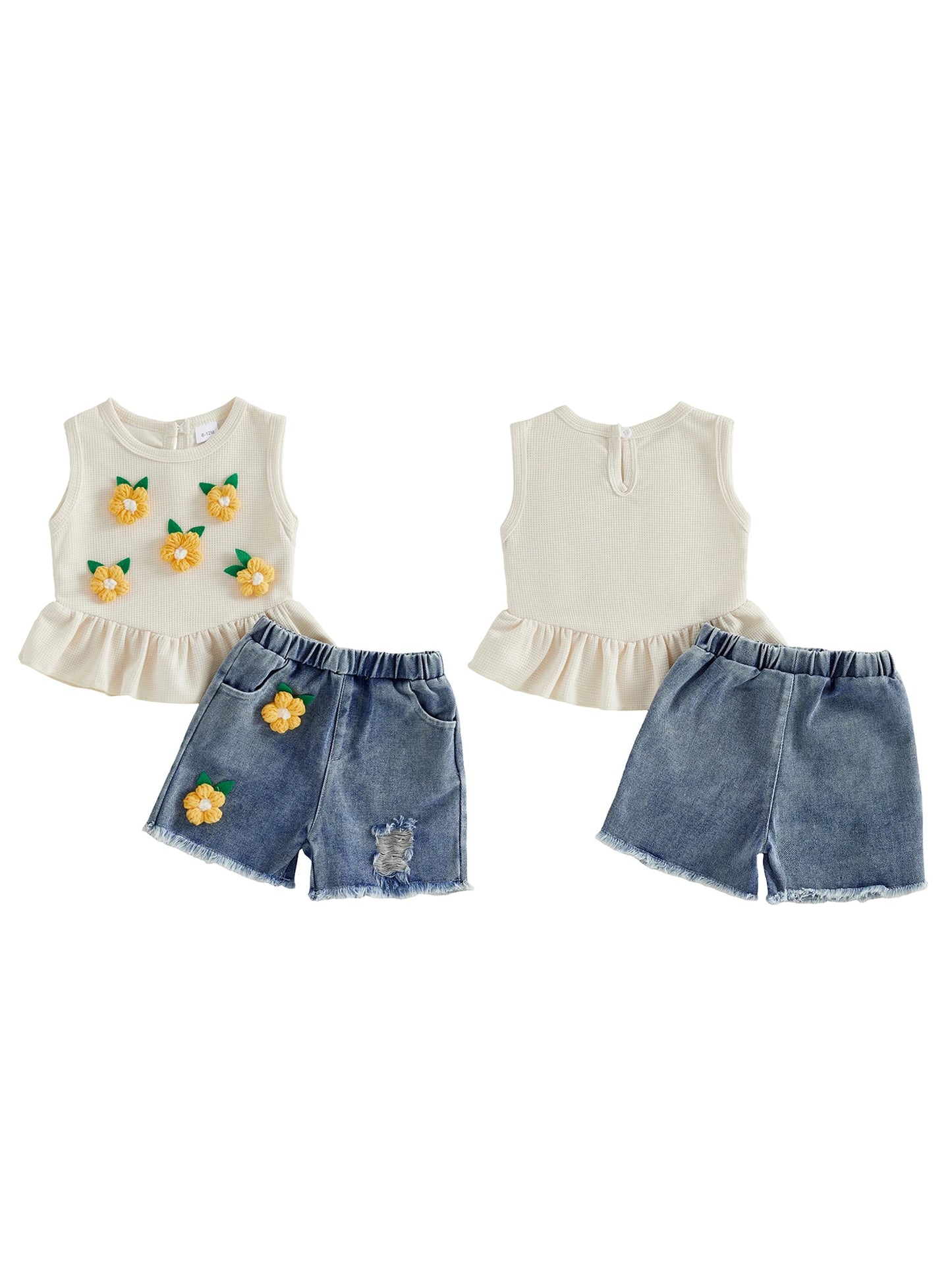 Toddler Girls Floral Embroidered Tank Top And Ruffled Denim Shorts Set