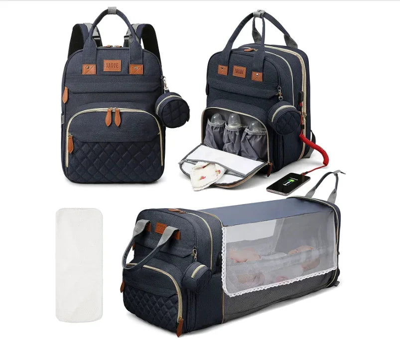 Diaper Bag Backpack Foldable Baby Bed Waterproof With USB Charge