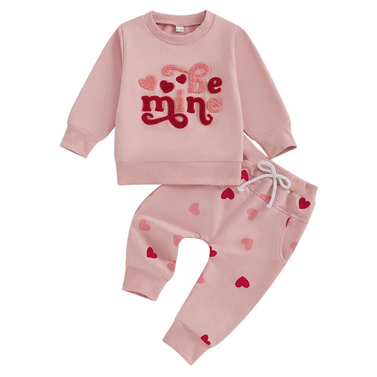Toddler Girls Two Piece Hoodie Set With Embroidered Letters And Heart Print