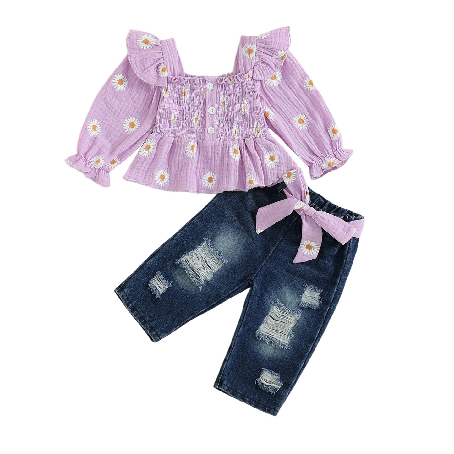 Girls Floral Print 2 Piece Outfit Set Denim Pants Collection