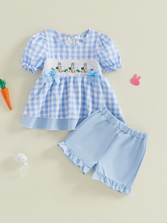 Girls Easter Outfit Set With Bunny Embroidery Plaid Shorts Top