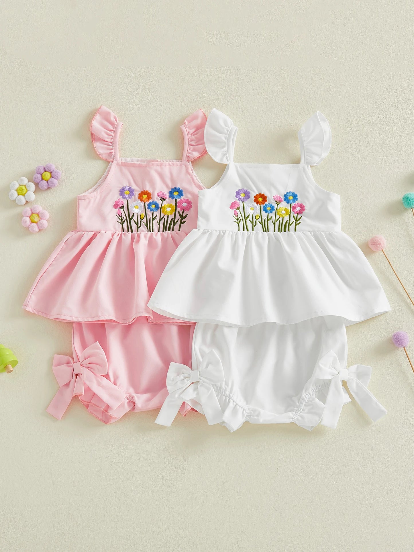 Toddler Girls Floral Embroidery Flutter Sleeves Top Shorts Set