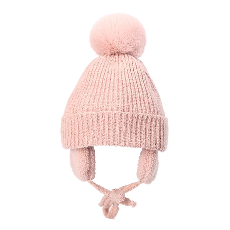 Lawadak Unisex Baby Knitwear Beanie With Earflap PomPoms Thermal WinterHeadwearPro