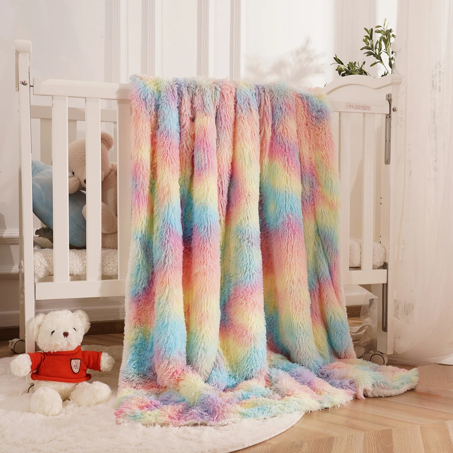 Soft Rainbow Fluffy Plush Blanket Bedspread For Home Decor