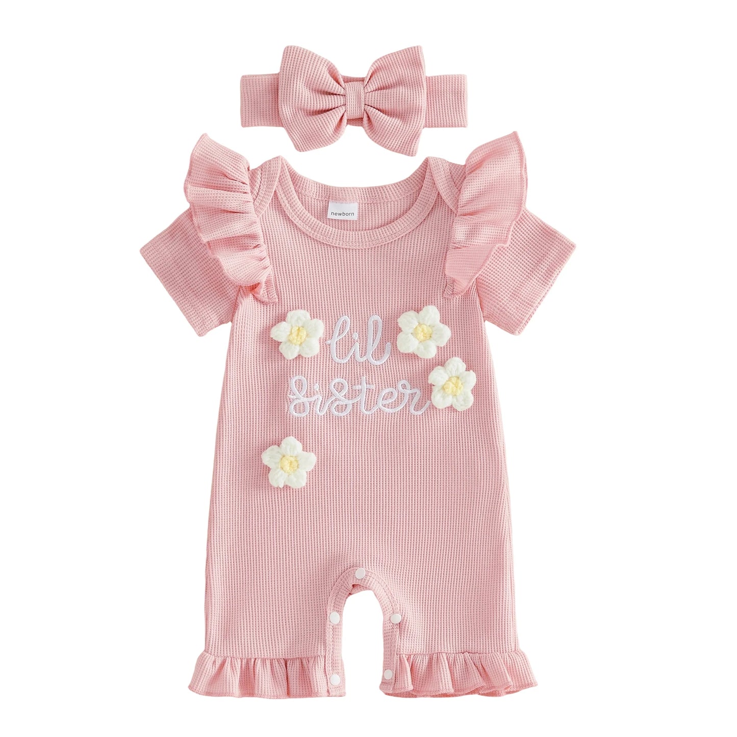 Floral Print Sleeveless Baby Girl Romper With Bow Headband