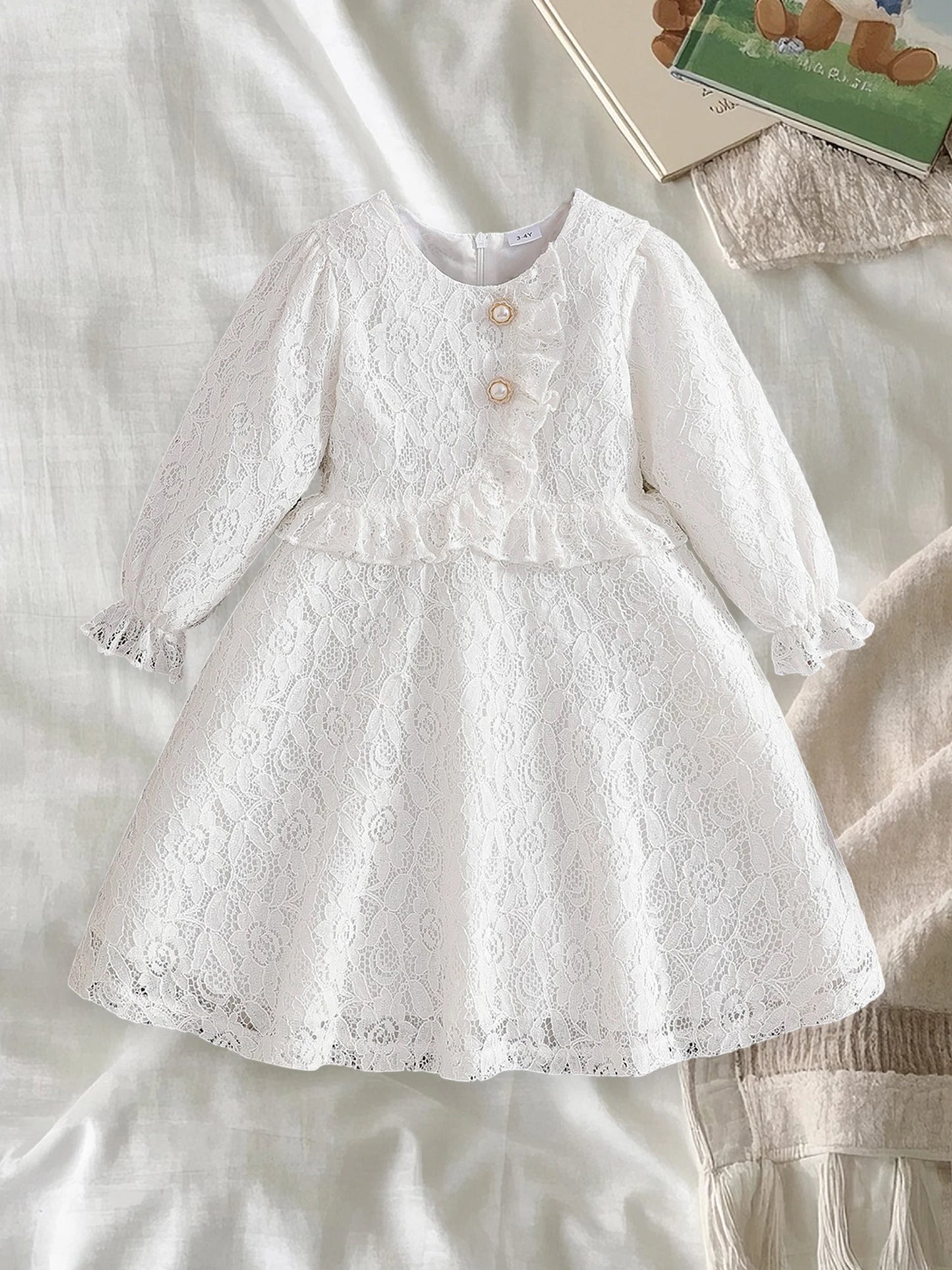 Girls Floral Lace Dress Long Sleeve Princess Style