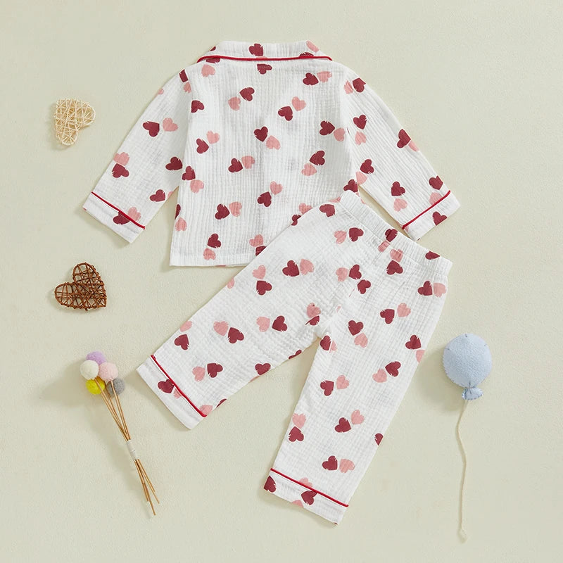 Girls Heart Pattern Pajama Set With Elastic Waist Pants