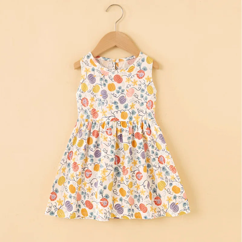 Girls Floral Cotton Sleeveless Knee Length Princess Dress Outfit