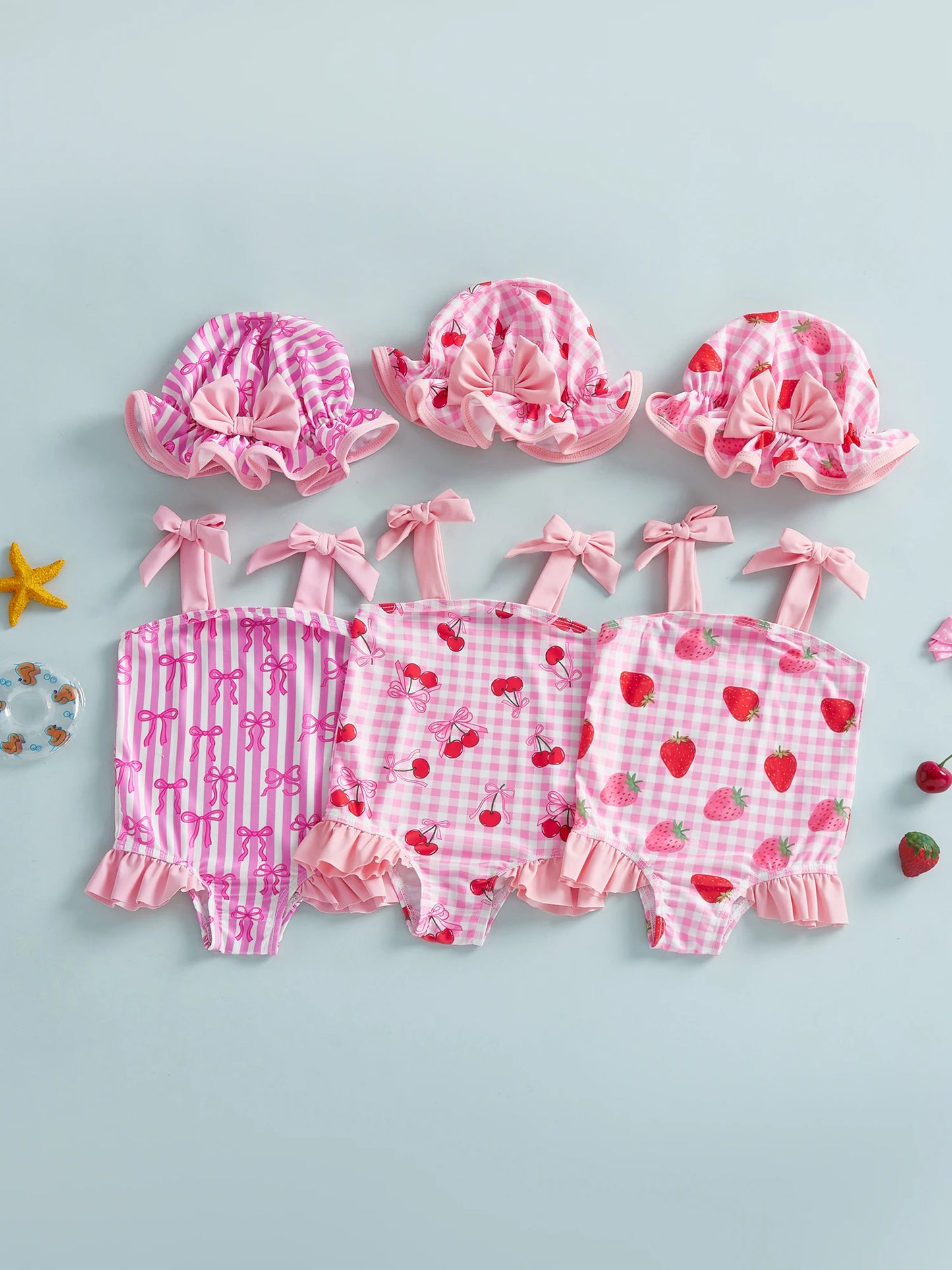 Strawberry Bow Cherry Print Toddler Girl Swimsuit Set
