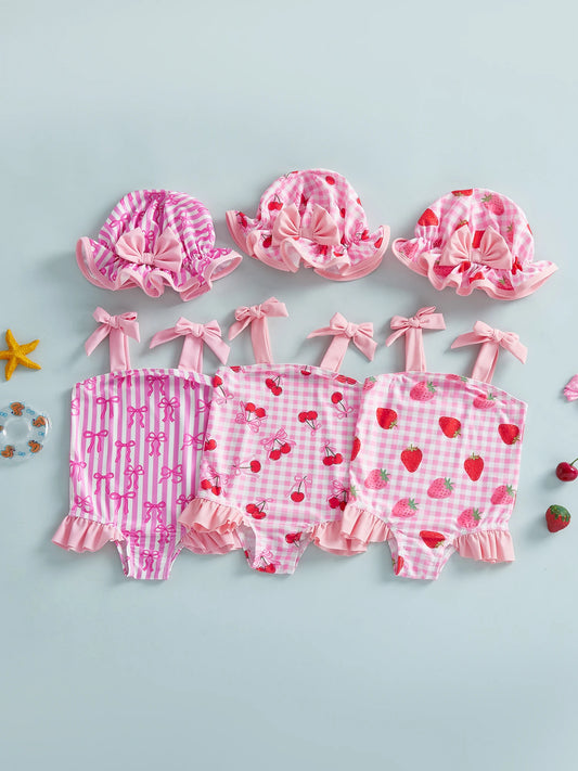 Strawberry Bow Cherry Print Toddler Girl Swimsuit Set