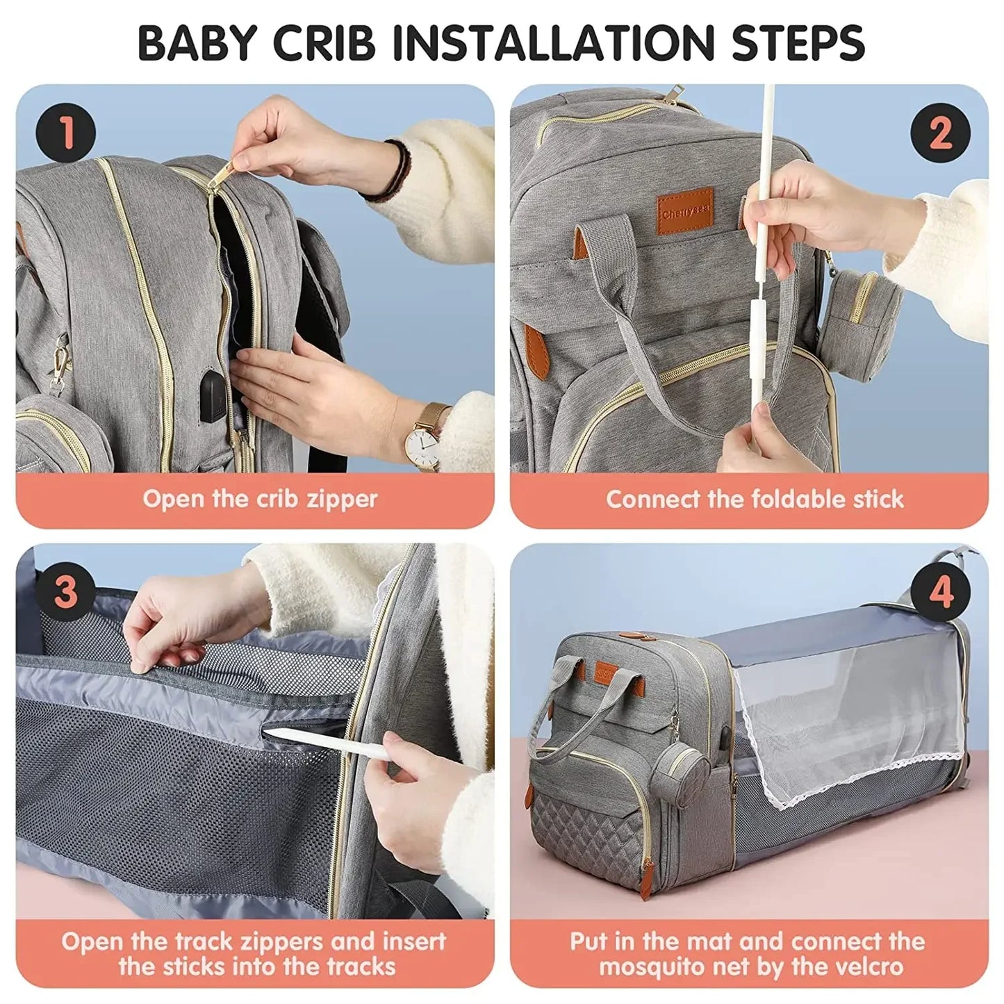 Diaper Bag Backpack Foldable Baby Bed Waterproof With USB Charge