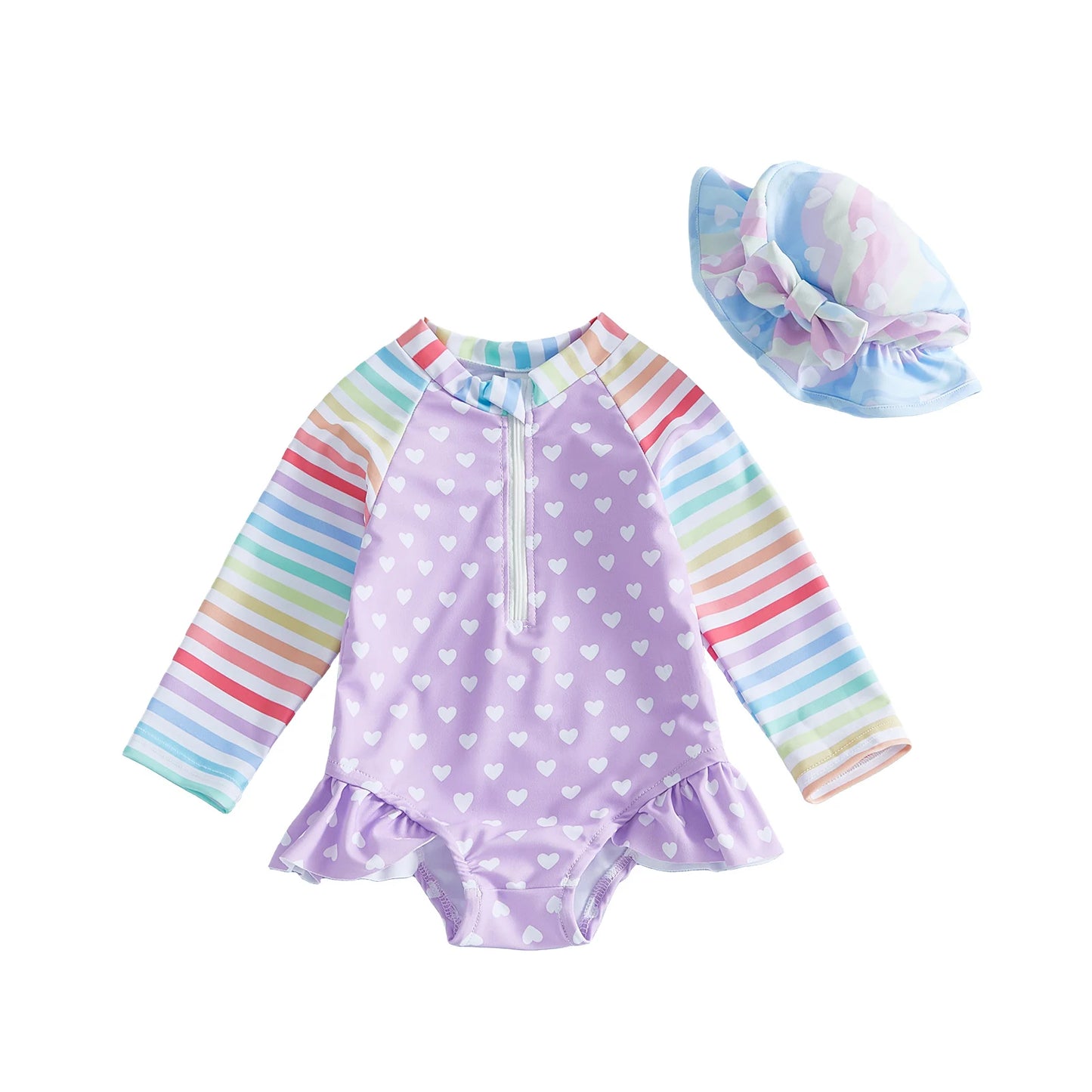 Girls Heart Patterned Two Piece Rash Guard Swimsuit With Hat