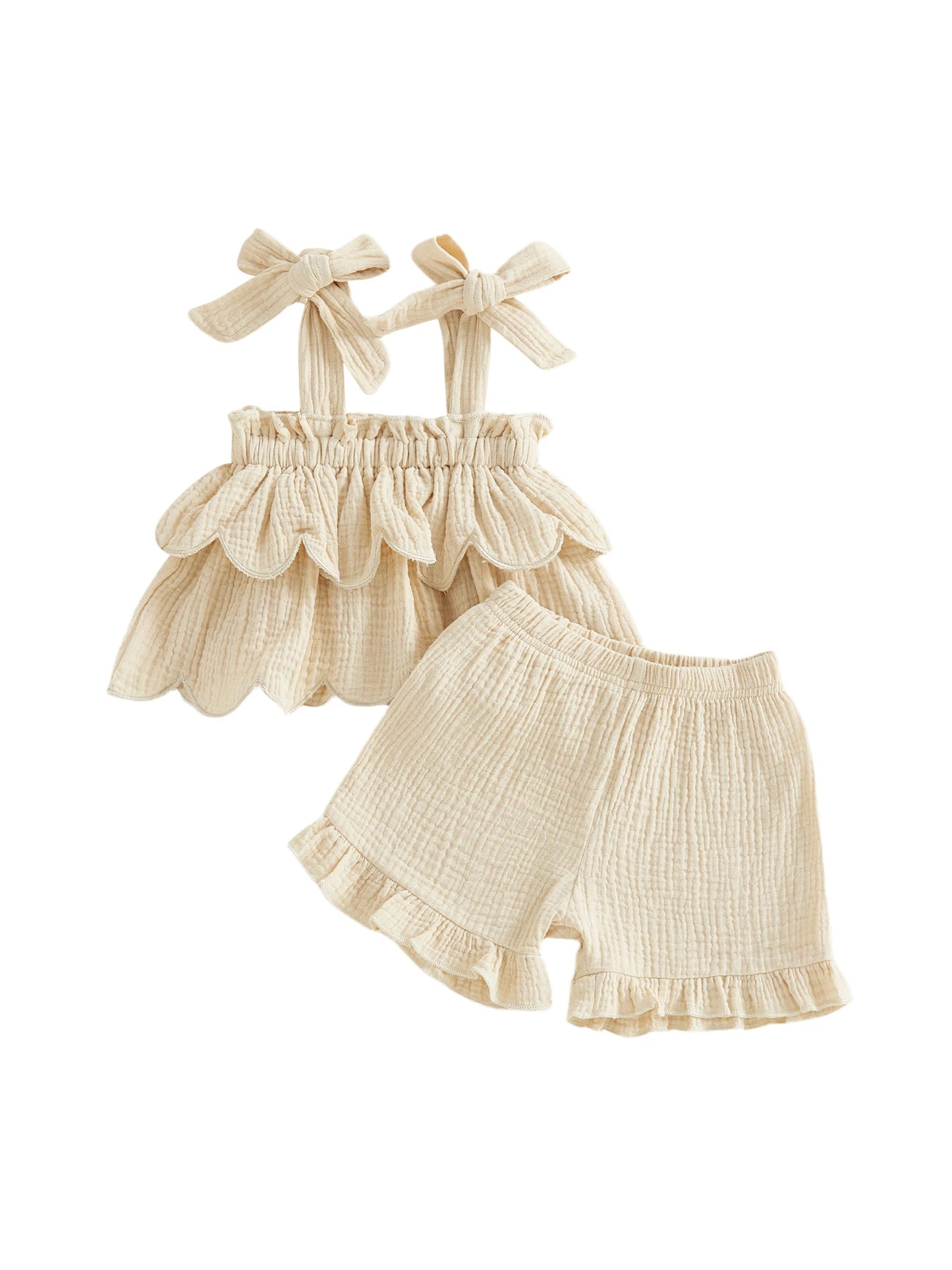 Girls Casual Sleeveless Crop Top And High Waisted Shorts Set With Ruffle Trim