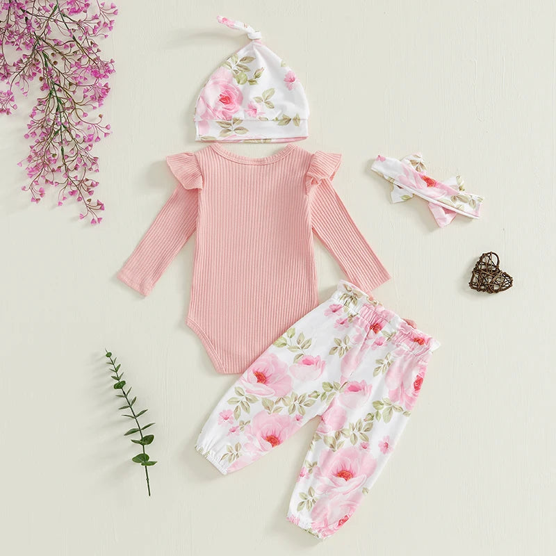 Pudcoco Baby Girls 4 Piece Romper Set Floral Pants Headband