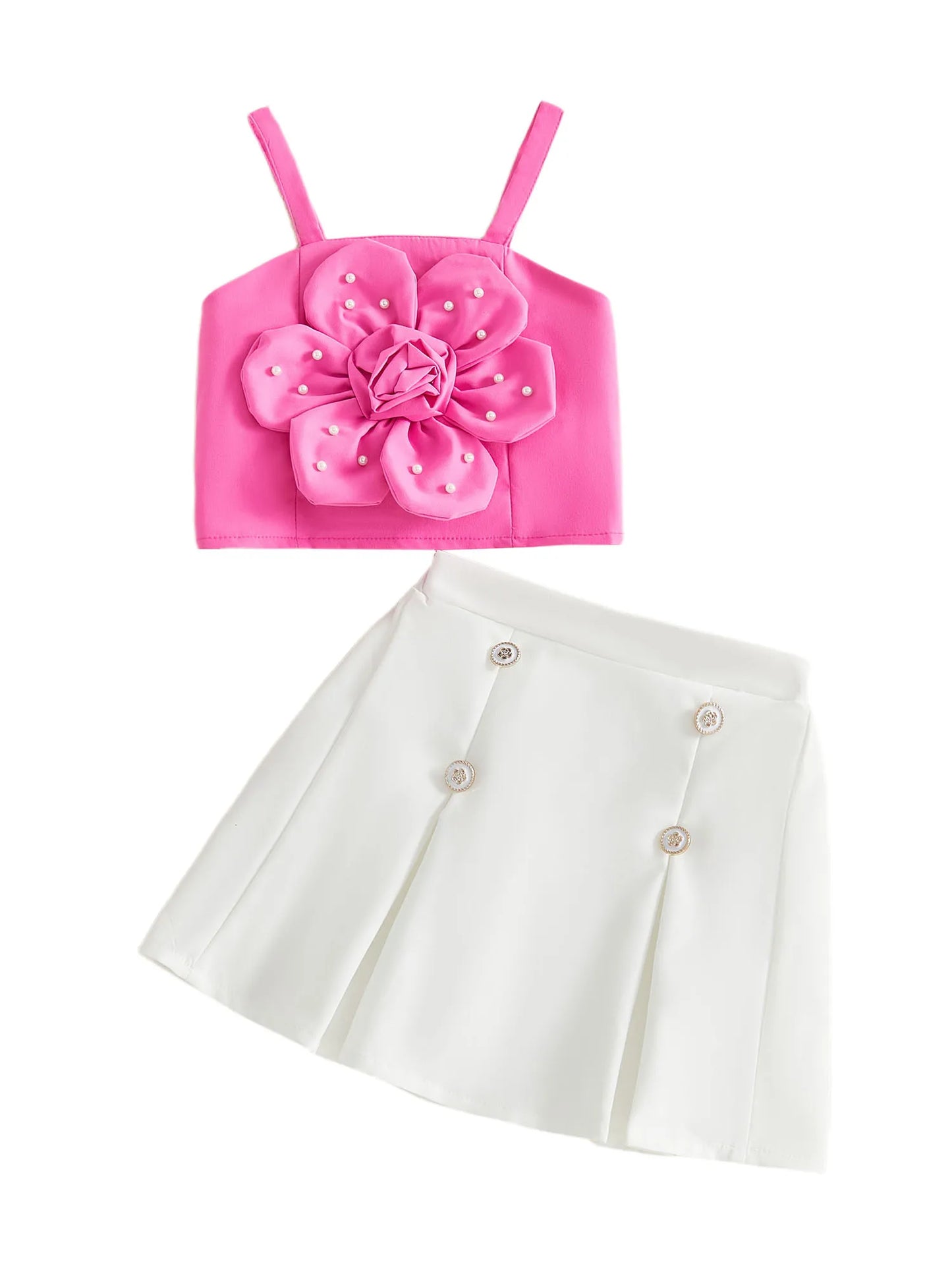 Summer Fashion Set Pearl Embellished Floral Camisole And Skirt